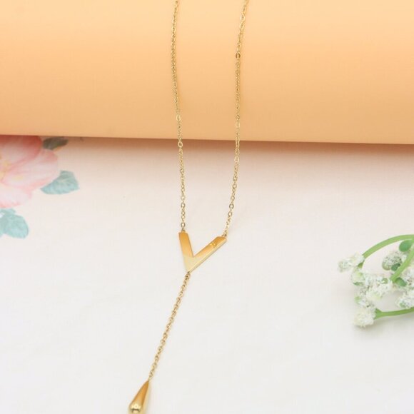 Golden Y-Shape Necklace with Drop Charm Adjustable Chain, XPNL0373 - Picture 6 of 12